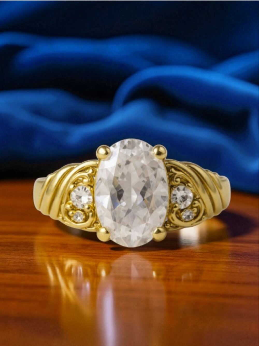 FAUX DIAMOND RING -- Five Faux Stones with Gold Toned Band, Etched with Swirls
